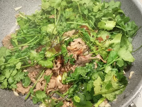 パクチー牛肉のエスニック炒め (7)