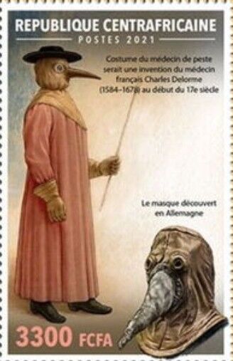 切手は2021年中央アフリカ発行の「パンデミックマスク切手」の中の一枚で、ペスト流行時の中世のマスク姿が描かれています。