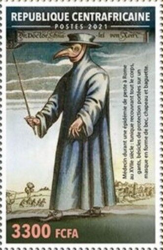 切手は2021年中央アフリカ発行の「パンデミックマスク切手」の中の一枚で、ペスト流行時の中世のマスク姿が描かれています。-4