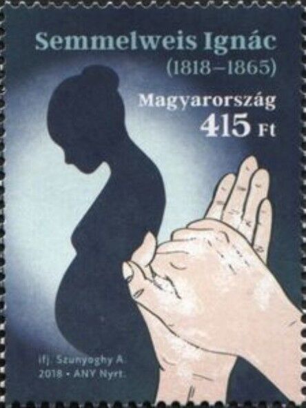 2018年ハンガリー発行の「医学の先駆者イグナツ・ゼンメルヴェイス生誕200周年記念切手」で、手洗いと妊婦のシルエット