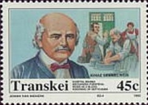 1992年トランスカイ発行の「医学者切手」の中の一枚で、ゼンメルワイスの肖像と塩素水で手を洗う様子