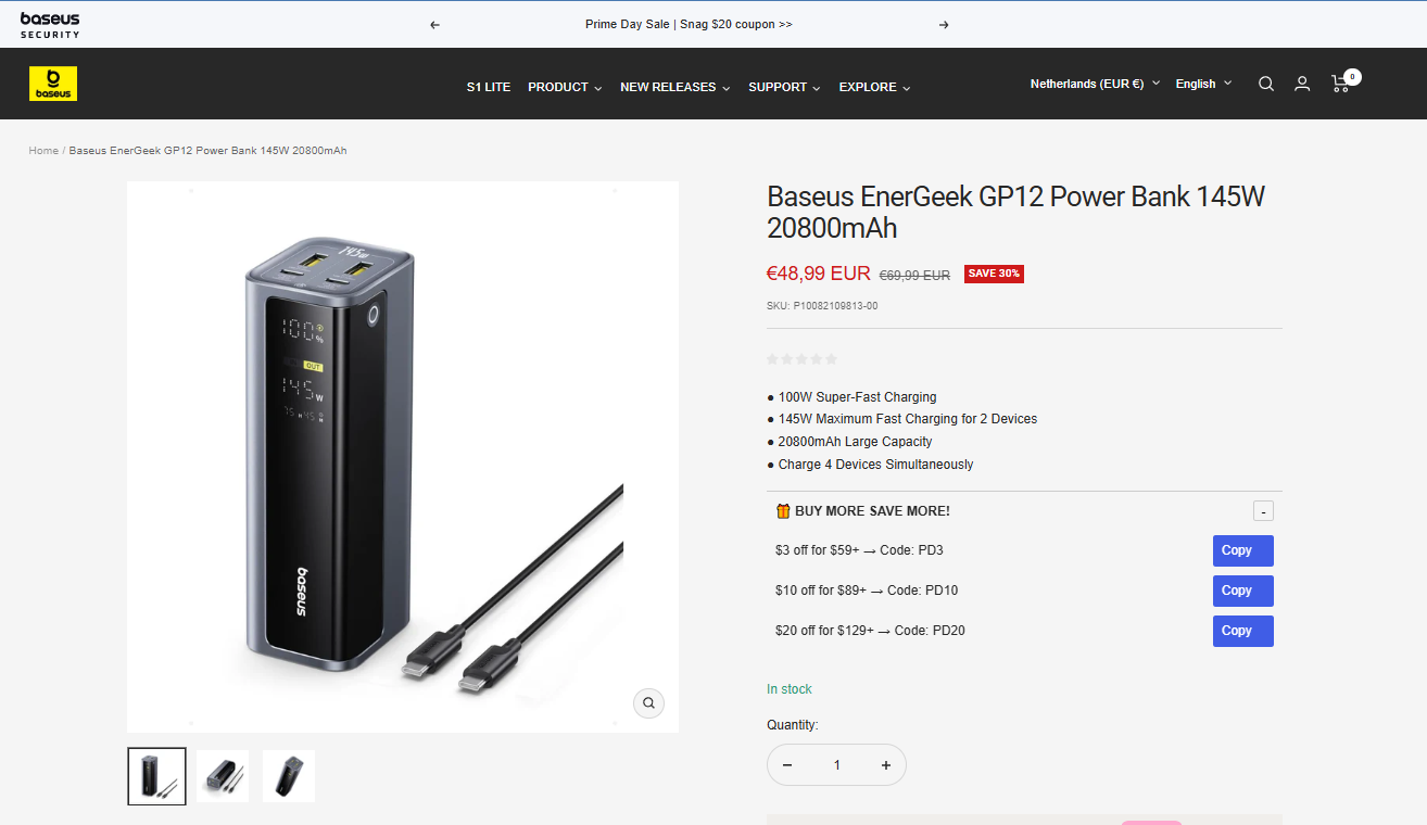 Baseus EnerGeek GP12 モバイルバッテリー 20800mAh Baseus EnerGeek GP12 Power Bank 145W 20800mAh