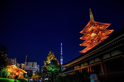 浅草寺と五重塔と東京スカイツリー