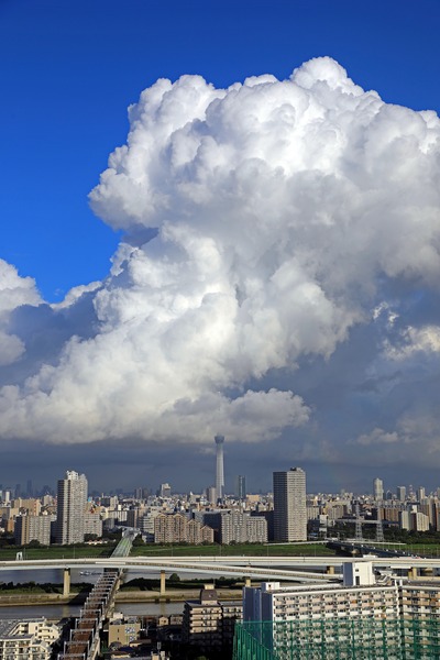 大きな雲と東京スカイツリーと虹の端