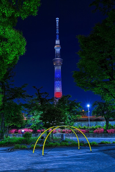 公園遊具と星条旗カラーの東京スカイツリー