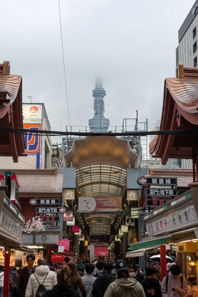 浅草新仲見世商店街と東京スカイツリー