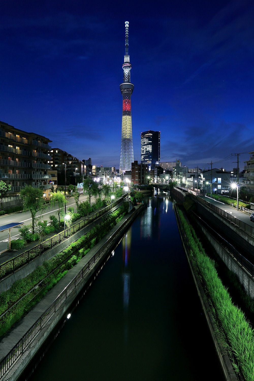 柳橋歩道橋から東京スカイツリー夜景 ベルギー国旗 16年5月19日 東京スカイツリー定点観測所