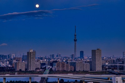 満月と東京スカイツリー