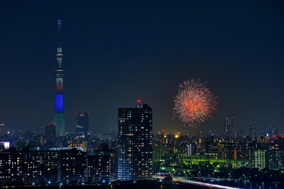 江東区民祭り亀戸地区夏まつり大会の花火と東京スカイツリー