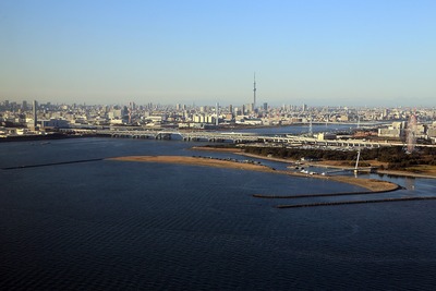 東京スカイツリーと葛西臨海公園の空撮