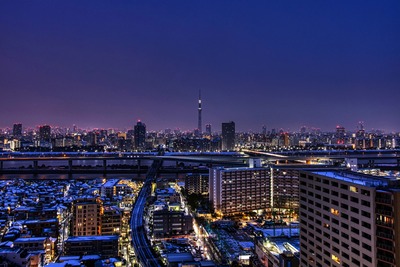 雪化粧した街と東京スカイツリー夜景