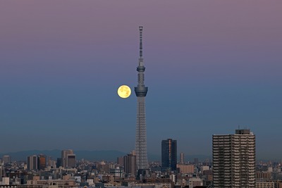 満月と東京スカイツリー