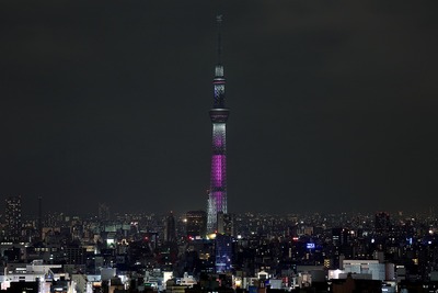 文京シビックセンターから見た東京スカイツリーのピンクリボン