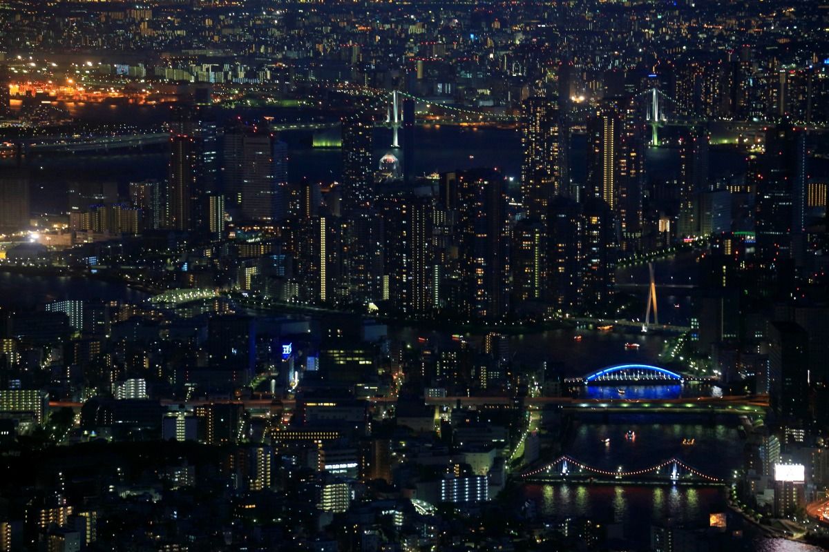 東京スカイツリーから見たレインボーブリッジ 永代橋の夜景 12年8月19日 東京スカイツリー定点観測所