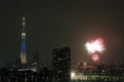 東京スカイツリーと亀戸の花火