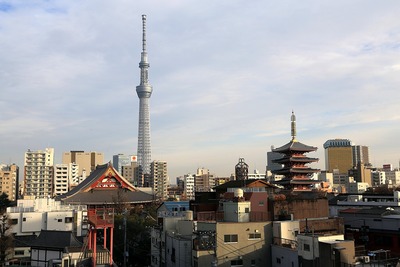 花やしきから見た東京スカイツリーと浅草寺