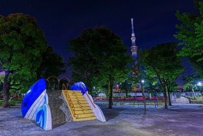 公園遊具と星条旗カラーの東京スカイツリー