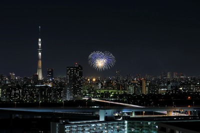 亀戸地区夏まつり大会の花火と東京スカイツリー