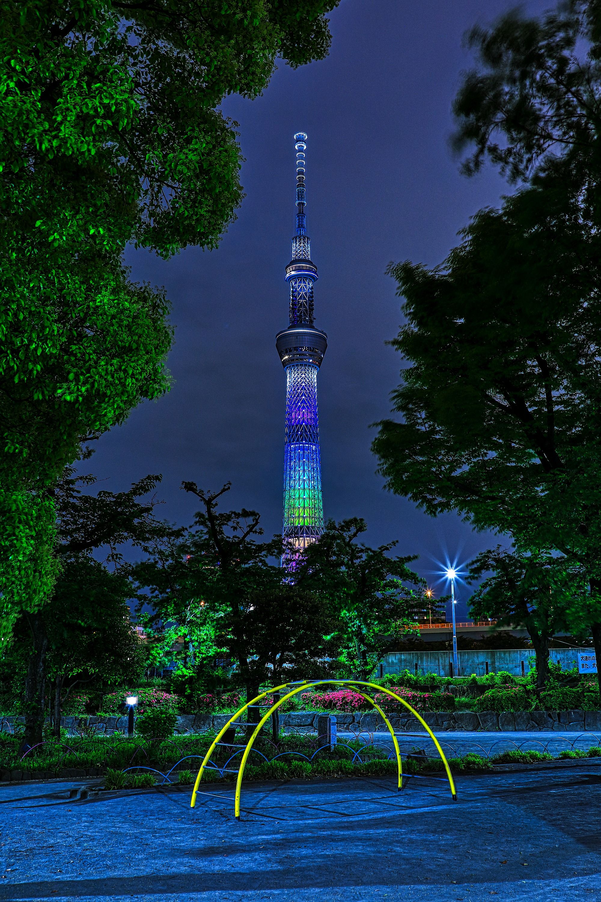 隅田公園から見た遊具と7周年ライティング 19年5月12日 東京スカイツリー定点観測所