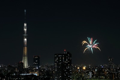 亀戸地区夏まつり大会の花火と東京スカイツリー