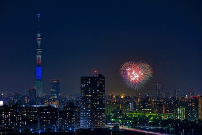 江東区民祭り亀戸地区夏まつり大会の花火と東京スカイツリー