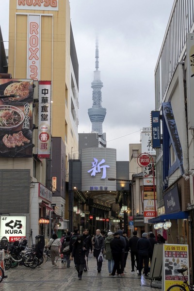 浅草新仲見世商店街と東京スカイツリー