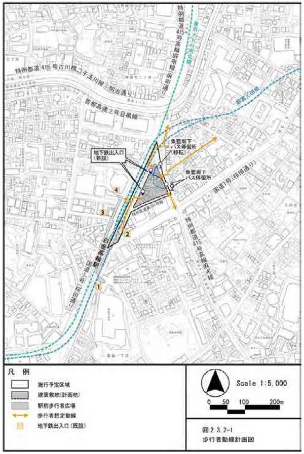 (仮称)白金高輪駅前東地区第一種市街地再開発事業 歩行者動線計画図