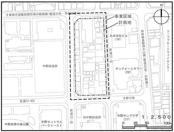 (仮称)中野四丁目西地区市街地再開発事業 事業区域及び計画地位置図(現況図)