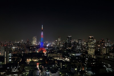 オリンピックカラーにライトアップされた東京タワー
