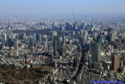 超高層ビル群と東京スカイツリーの空撮