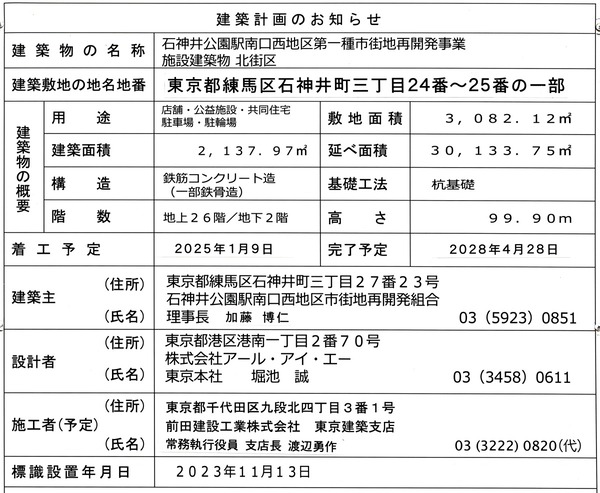 石神井公園駅南口西地区第一種市街地再開発事業 北街区 建築計画のお知らせ