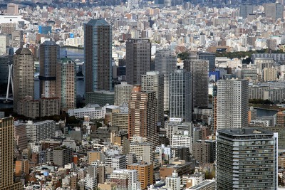 月島・佃方面のタワーマンション群の空撮