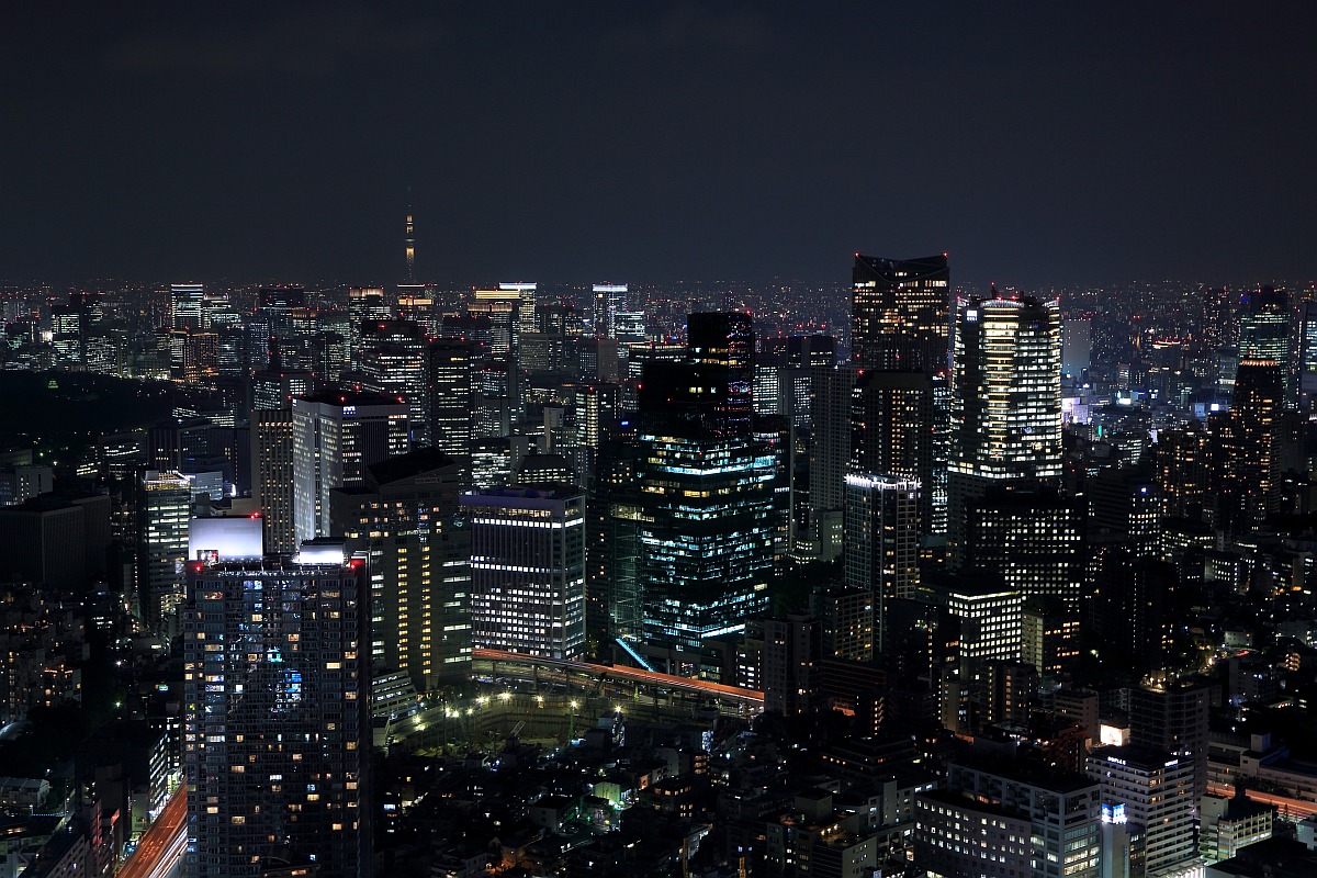 星条旗カラーにライトアップした東京タワーなど六本木ヒルズからの夜景 超高層マンション 超高層ビル