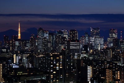 トワイライトタイムの東京タワーと超高層ビル群
