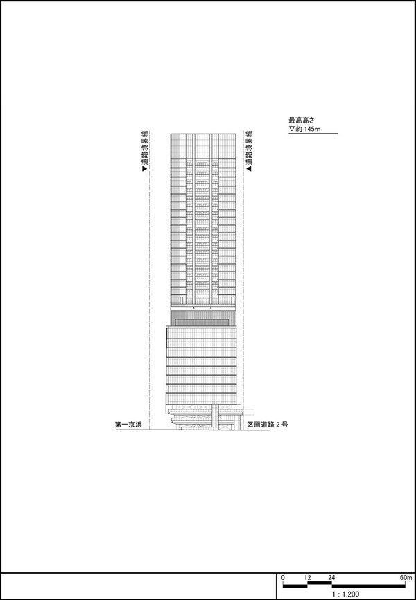 東京都市計画事業泉岳寺駅地区第二種市街地再開発事業 南側立面図
