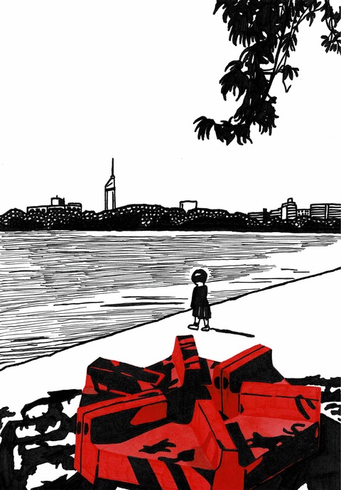 木陰の赤い椅子