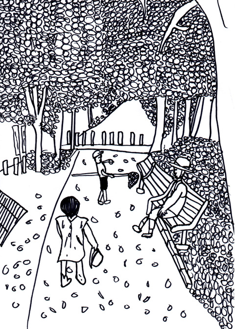 遊歩道であそぶ3兄妹