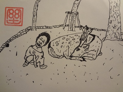 宮島のシカとテンちゃん