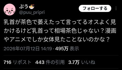 【悲報】女「女性の乳首って茶色がデフォなんですけど？漫画やアニメでしか女体見たことない童貞しかおらんの？」