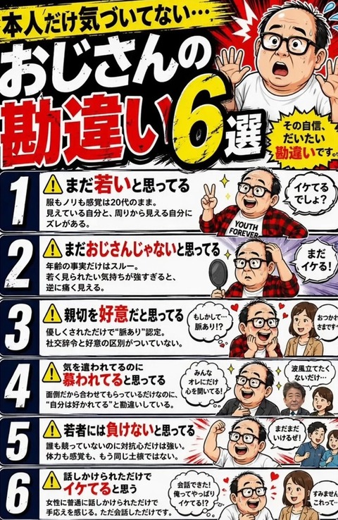 【画像】🤖「おじさんの勘違い6選がこれ」