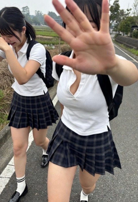 田舎通学路JK 「A子のおっぱいエロ過ぎ💕」「撮るなオイ！」👉