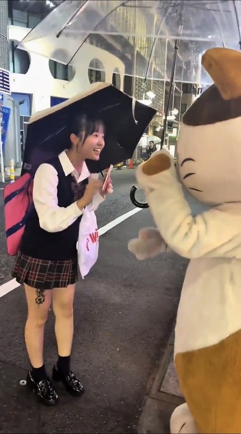 【画像】可愛らしいJK、ネコの着ぐるみ(中身はおじさん)に大興奮😻