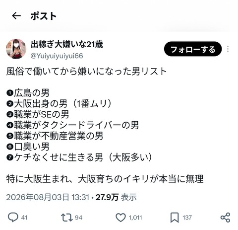 【画像】風俗嬢「これが嫌いな男リストね」まさかお前らは"該当"してないよな…？