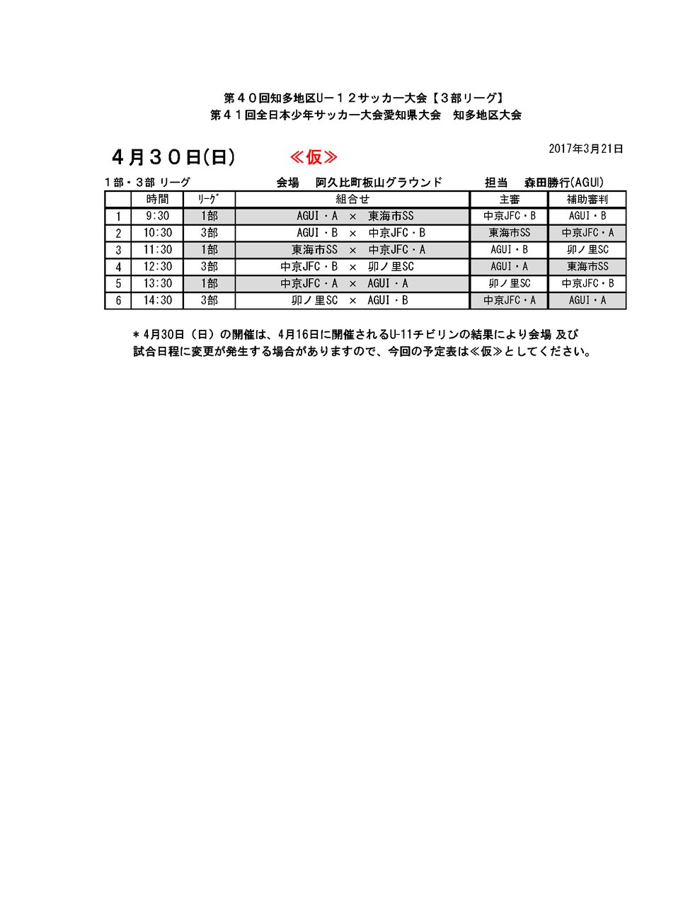 U 12 知多リーグ試合日程 4月2日 23日 ブリーザ神戸16
