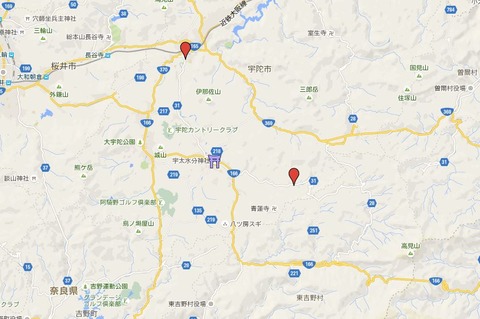 宇陀水分三社における宇太水分神社（中社）の位置