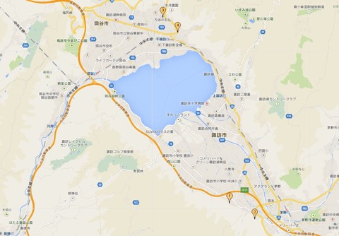 諏訪大社、上社本宮（1）、上社前宮（2）、下社春宮（3）、下社秋宮（4）の位置関係