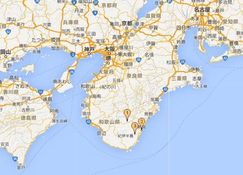 熊野三山(熊野本宮大社(1)、熊野速玉大社(2)、熊野那智大社(3))の位置関係