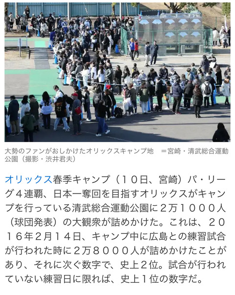 オリックスキャンプで2016年2月14日の広島練習試合の日が観客数1位らしいが何かあったっけ…？