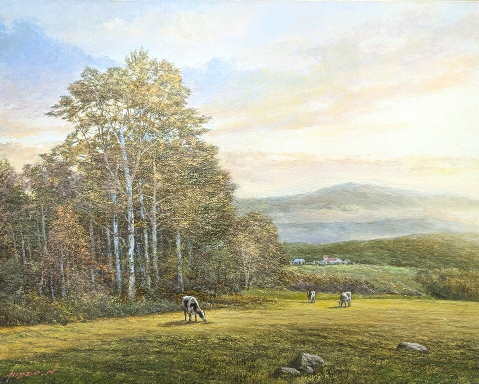 中村英夫 「高原の夕暮」 油彩8号　リアリズム画家　油絵　牛 中村英夫 「高原の夕暮」 油彩8号 リアリズム画家 油絵 牛 - メルカリ