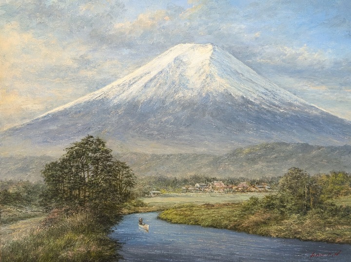 中村英夫 「高原の夕暮」 油彩8号 リアリズム画家 油絵 牛